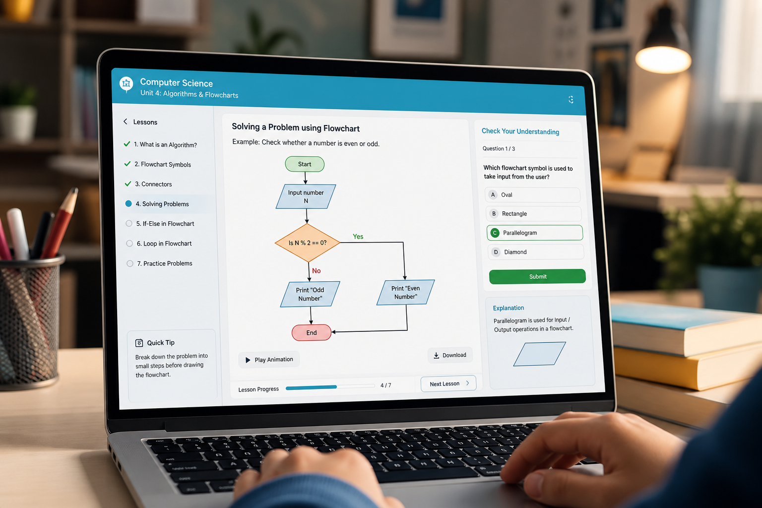 Interactive lesson with diagrams and quiz on screen